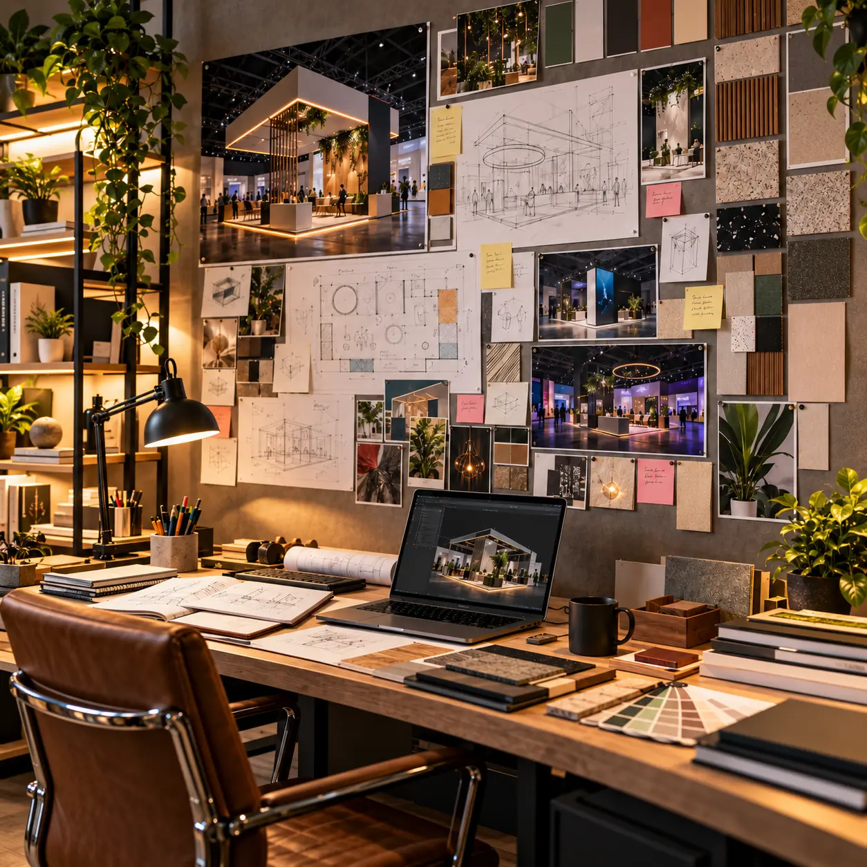 Setup Egypt design studio: a desk with a laptop showing a 3D exhibition stand, beneath a wall of booth sketches, floor plans, renders and material samples